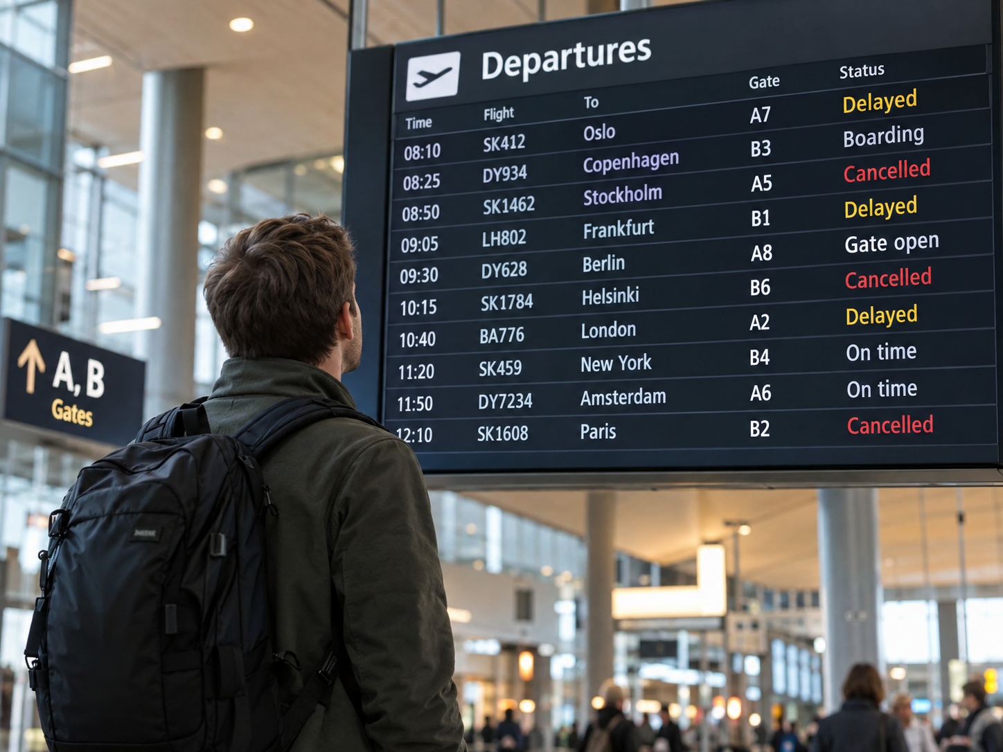 Afgangstavle i en lufthavn med forsinkede og aflyste fly