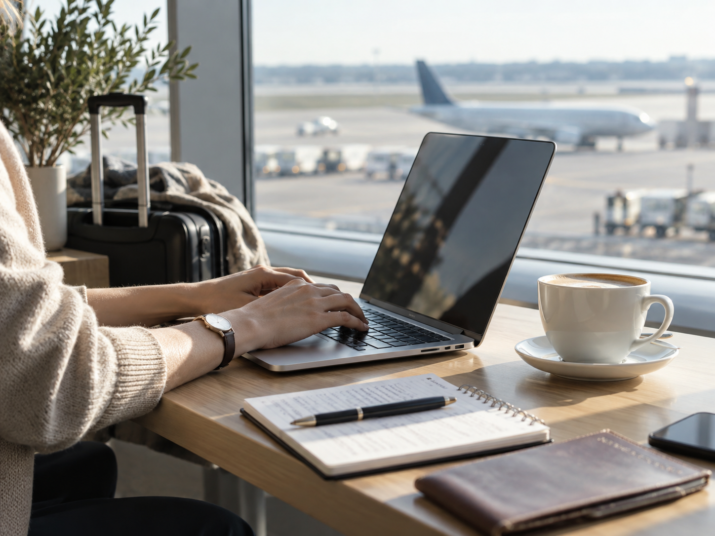 Rejsende arbejder med flyoplysninger på en laptop i en lufthavnslounge
