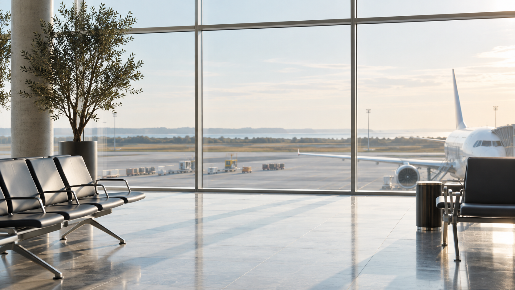 Lufthavnsterminal med udsigt over passagerfly og landingsbane