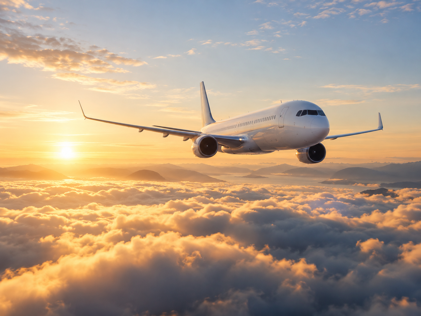 Passagerfly over skyer i blødt aftenlys