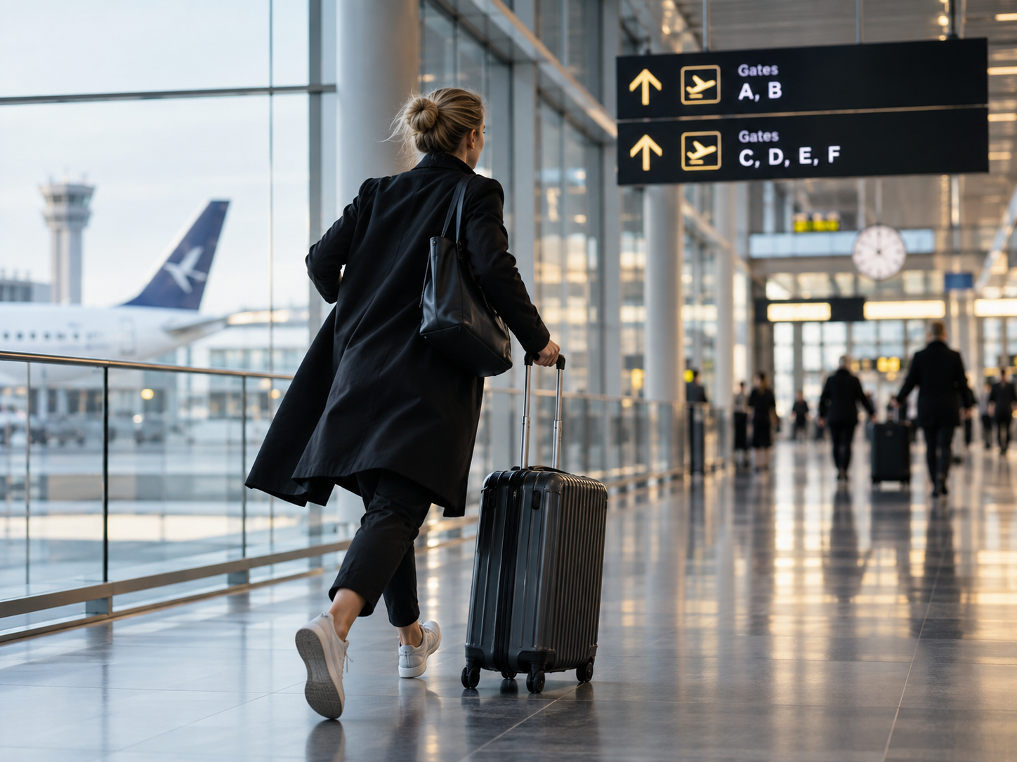 Rejsende på vej gennem en lufthavn mod en gate