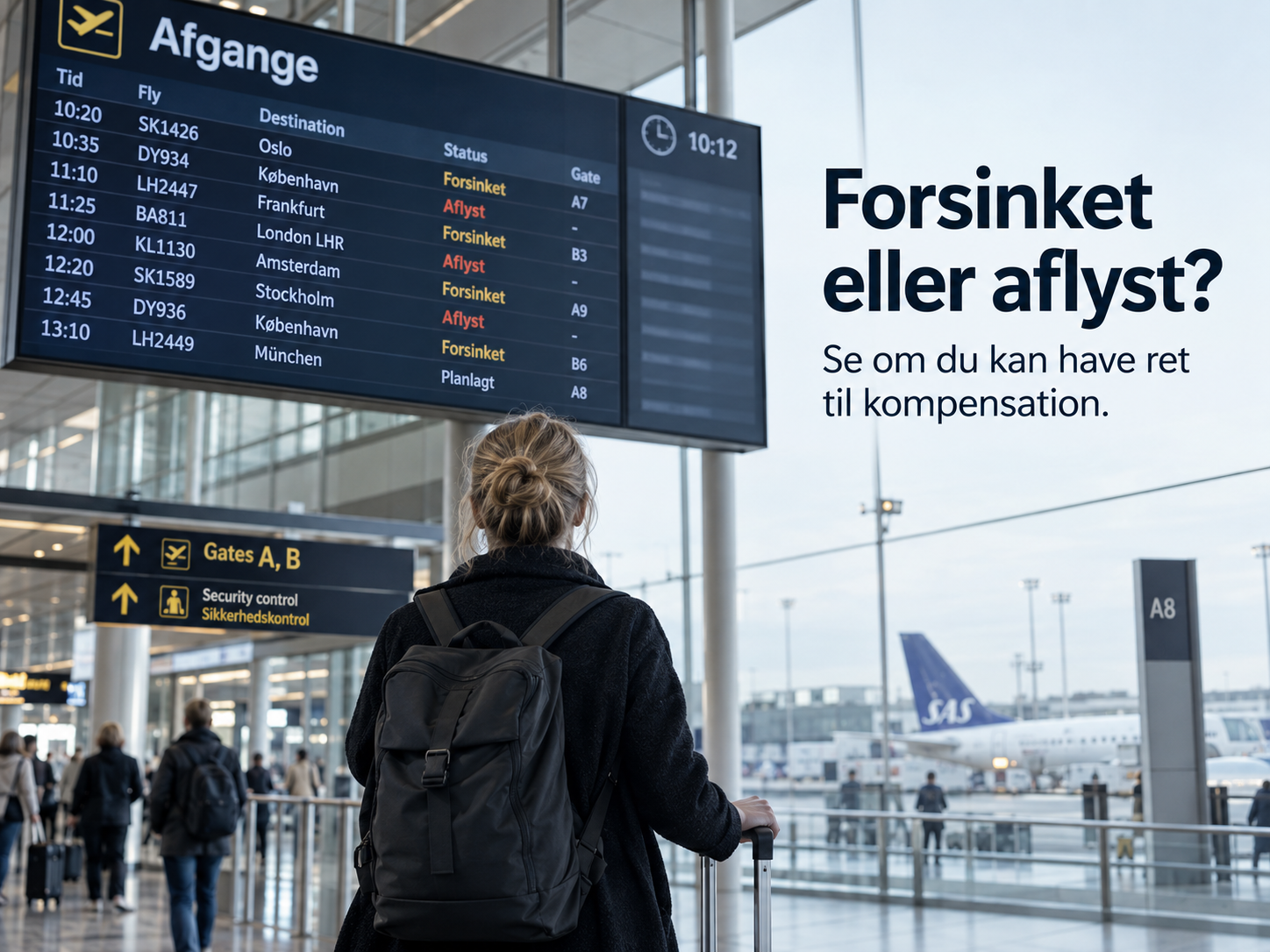 Rejsende foran en afgangstavle i en lufthavn
